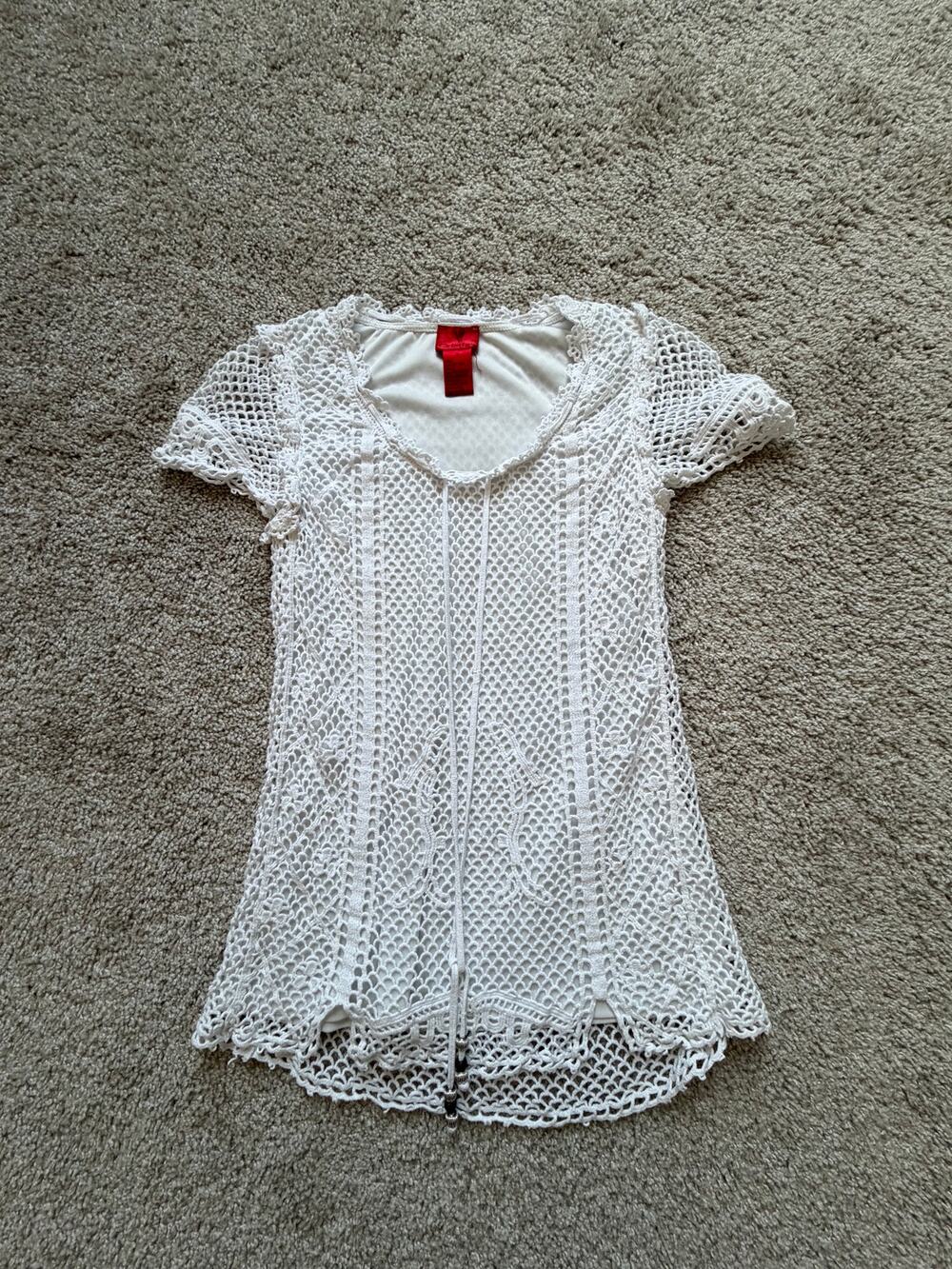 V Cristina White Crochet Tunic Lace Trim Shirt Boho Coastal Cottagecore